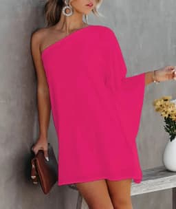 Summer Commuter Women's S-2XL Size Dress One Line Diagonal Neck Off Shoulder Solid Color and Printed Metal Strap Bat Sleeve