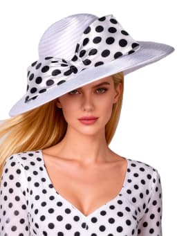 FS Elegant Women Wide Brim Rose Black Patchwork Polka Dots Kentucky Hat For Wedding Party Hat Big Bowknot Fedora Beach Cap