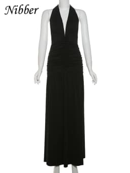 Nibber Elegant Women Long Dresses Solid Hipster Halter V-neck Backless Shirring Side Split Vestidos Female High Street New Robe