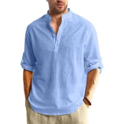 New Long Sleeve Henley Shirt Men Cotton Lightweight T-Shirts Men Breathable Streetwear Solid Color Business Button Polo Shirts