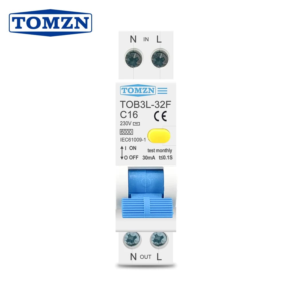 TOMZN RCBO 1P+N 6kA Residual Current Differential Auto Circuit Breaker Over Current Leakage Protection 18MM 230V 50/60Hz