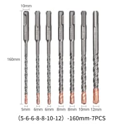 7 Pcs 4 Flute SDS Plus Hammer Drill Bit Set 5 6 8 10 12 14 16 18mm 160 200mm For Concrete Brick Block Stone Masonry And Granite