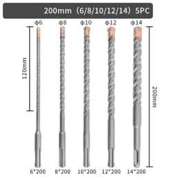7 Pcs 4 Flute SDS Plus Hammer Drill Bit Set 5 6 8 10 12 14 16 18mm 160 200mm For Concrete Brick Block Stone Masonry And Granite