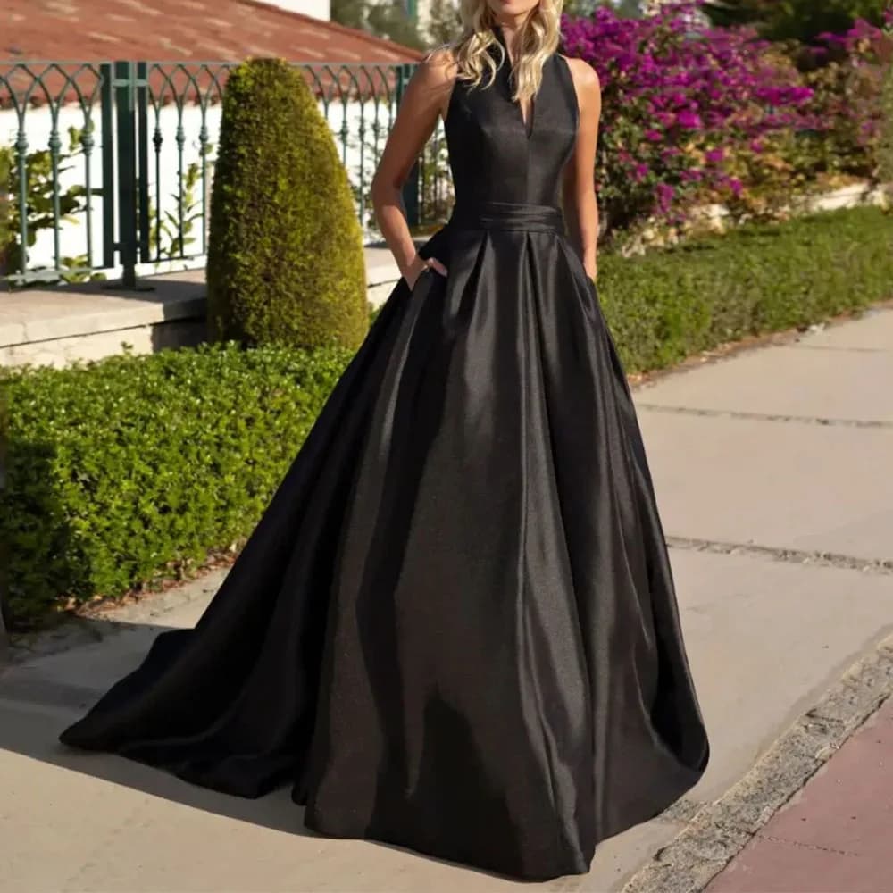 Simple Formal Party Dresses Black Satin Button Ruched A-line Long Evening Dress V Neck Sleeveless Elegant Women's Prom Gown 2024