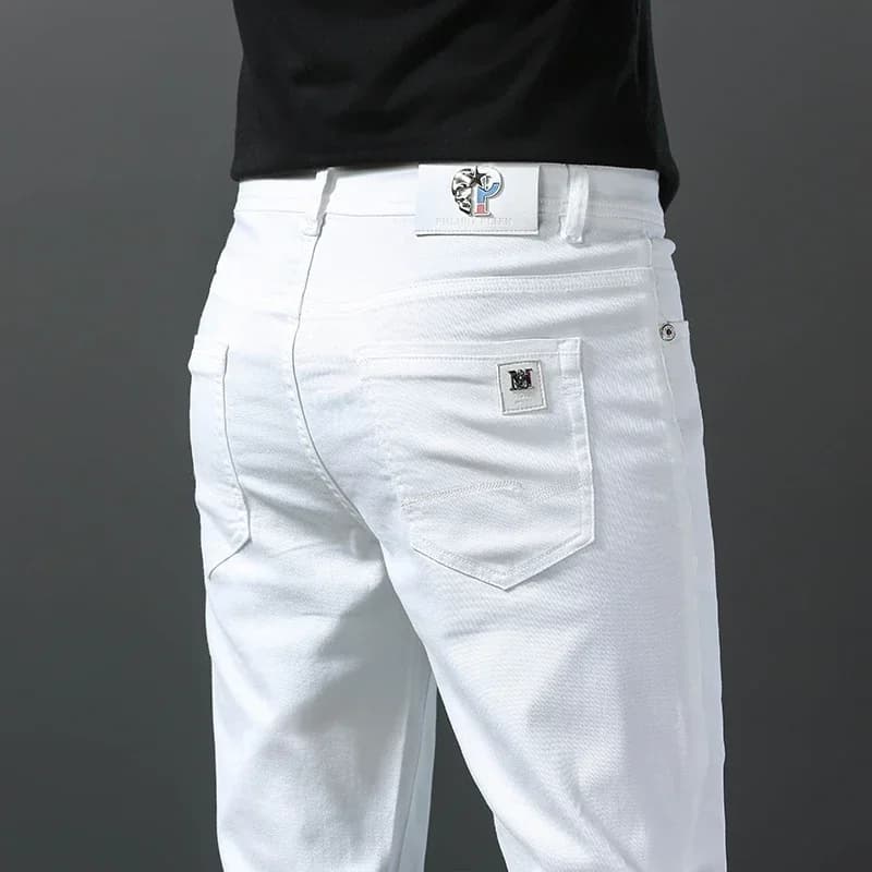 2026 Spring New Men Slim Jeans 98% Cotton White Stretch Straight Casual Fashion Pencil Pants High Quality Trousers Male Clothes