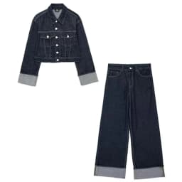 HH Women Fashion Denim Set Casual Lapel Long Sleeve Crop Jacket Buttons Female Vintage Wide Leg Loose Jeans Long Pants