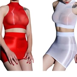 FREEAUCE Korean Oil Shiny Reflection See Through Skirt Plus Size Elastic Sexy Sheer Christmas red Short Mini Skirts for Women
