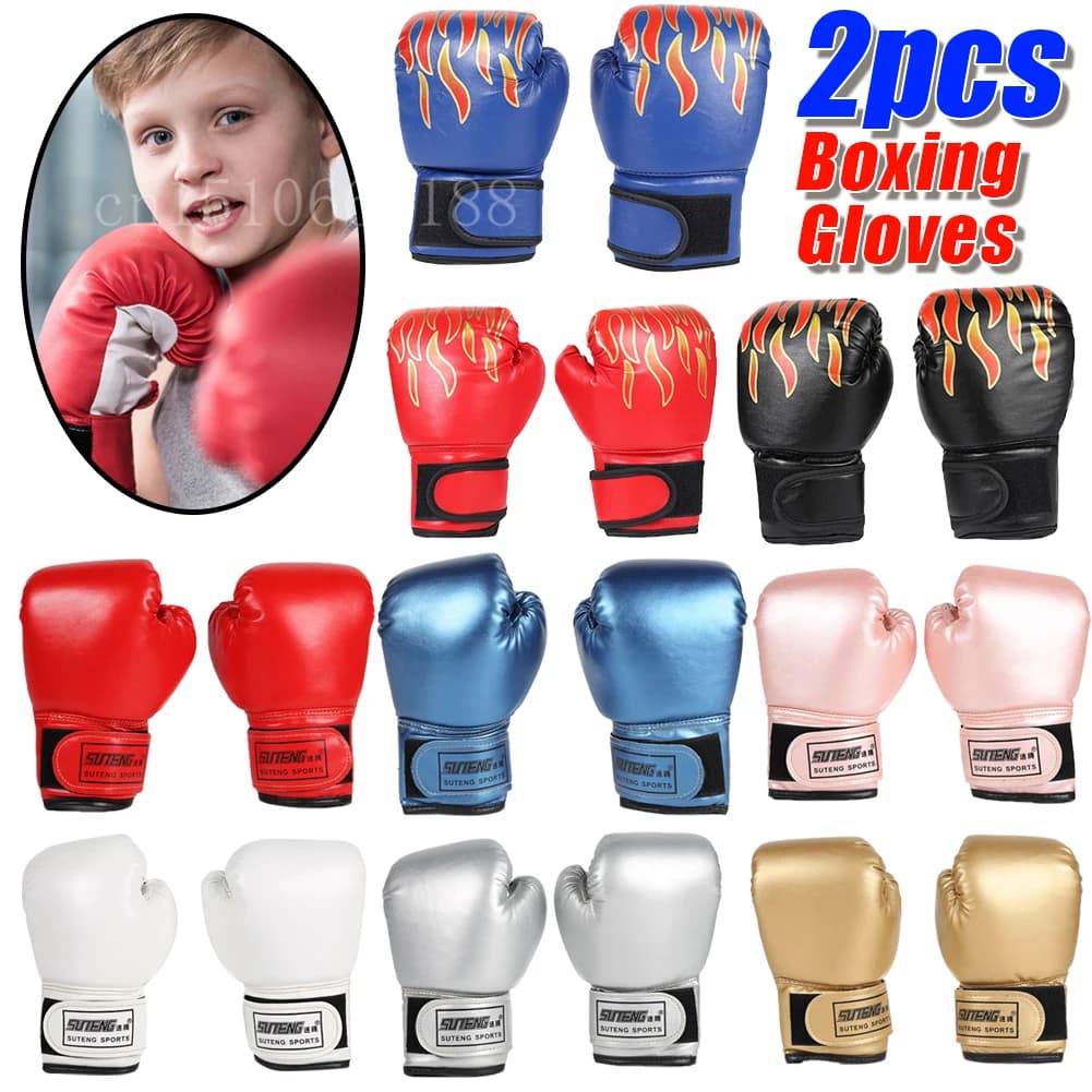 2Pcs Kids Boxing Gloves Children Punch Training Sparring Kickboxing Fighting Fitness Mitts Hitting Hand Protector Blue Black Red