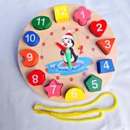 Wooden Blocks Puzzle Shape Number Color Sorting Clock Montessori Toys for Kids Early Education Penguin Patterns Time Learning