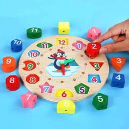 Wooden Blocks Puzzle Shape Number Color Sorting Clock Montessori Toys for Kids Early Education Penguin Patterns Time Learning