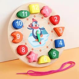 Wooden Blocks Puzzle Shape Number Color Sorting Clock Montessori Toys for Kids Early Education Penguin Patterns Time Learning