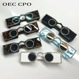Unique Hand Diamond Square Women Sunglasses Luxury Rhinestone Small Round Lens Shades Female New Wide Legs Sun Glasses Men UV400