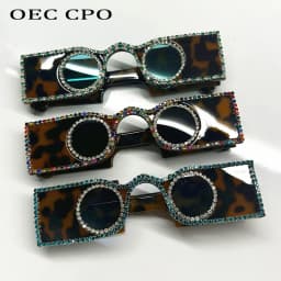 Unique Hand Diamond Square Women Sunglasses Luxury Rhinestone Small Round Lens Shades Female New Wide Legs Sun Glasses Men UV400