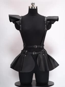 Gothic Punk Black PU Leather Ruffle Hem Body Harness Skirt For Women Adjustable Waist Shoulder Strap Decor For Club Rave Festiva