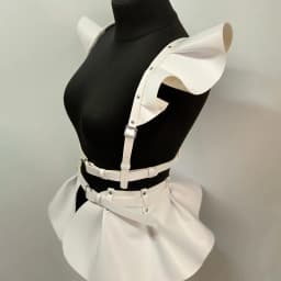Gothic Punk Black PU Leather Ruffle Hem Body Harness Skirt For Women Adjustable Waist Shoulder Strap Decor For Club Rave Festiva