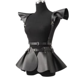 Gothic Punk Black PU Leather Ruffle Hem Body Harness Skirt For Women Adjustable Waist Shoulder Strap Decor For Club Rave Festiva