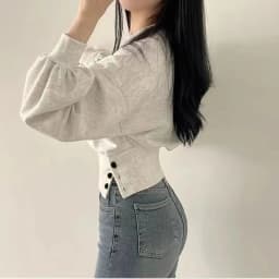 Autumn Women Solid O-Neck Slim Crop Top Lantern Sleeve With Button Sweat Casual Hip-Hop Sporty Pullover Sweet Chic Street Wear