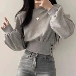 Autumn Women Solid O-Neck Slim Crop Top Lantern Sleeve With Button Sweat Casual Hip-Hop Sporty Pullover Sweet Chic Street Wear
