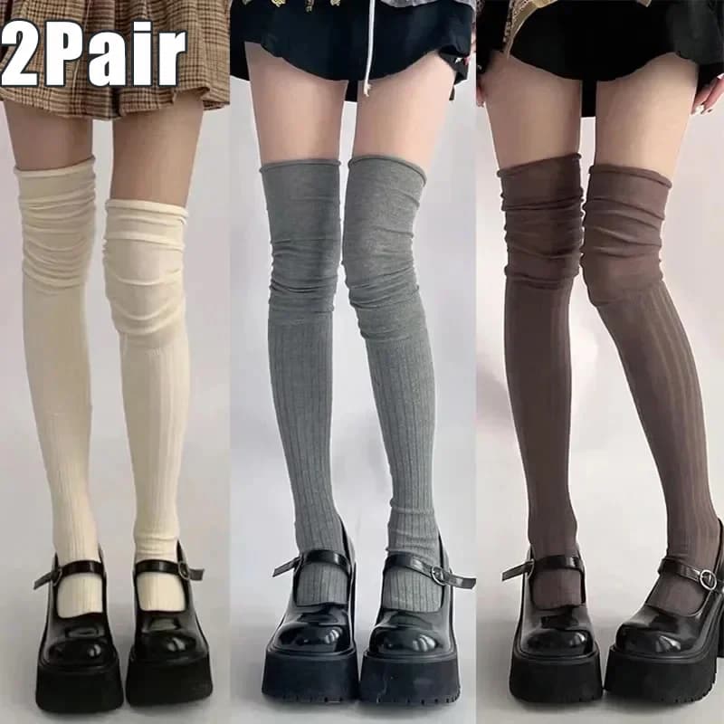 2pairs Women's Knee-length Socks Ladies Thigh-length SocksWarm Knitted Boot Socks Leg Warmers Japan JK Cotton Thigh High Bottoms