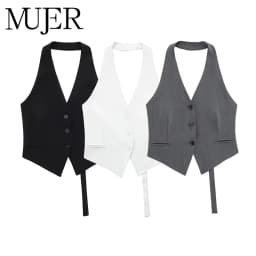 MUJER Off Shoulder Sleeveless Vest Women Black White Cropped Vest Woman Fashion Backless V Neck Short Coats Summer Waistcoat