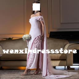 Customized Elegant Appliques Crystal Jersey Off the Shoulder Evening Dress Delicate Boat Neck Straight Short Sleeves P