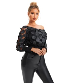 Applique Slant Shoulder Blouse, Elegant Long Sleeve Blouse For Spring & Fall Women's Clothing