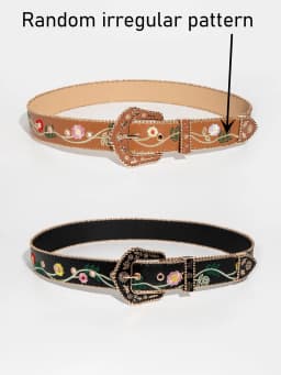 1pc Western Women Retro Casual Multi-Color Carved Beaded Random Floral Embossed Bead-Edge Belt, Suitable For Daily Wear