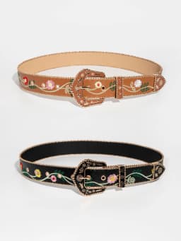 1pc Western Women Retro Casual Multi-Color Carved Beaded Random Floral Embossed Bead-Edge Belt, Suitable For Daily Wear