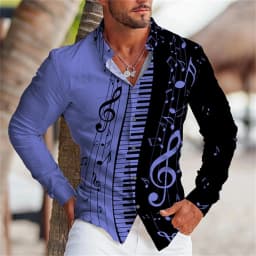 2025 Summer Men's Long Sleeves Shirt with Musical Instrument Symbol Pattern Printed Collar, Cardigan, Street Casual Shirt
