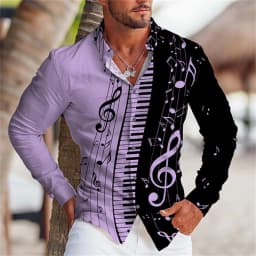 2025 Summer Men's Long Sleeves Shirt with Musical Instrument Symbol Pattern Printed Collar, Cardigan, Street Casual Shirt