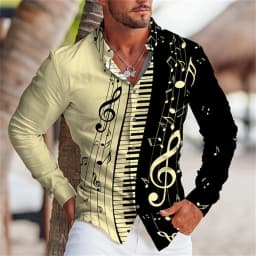 2025 Summer Men's Long Sleeves Shirt with Musical Instrument Symbol Pattern Printed Collar, Cardigan, Street Casual Shirt