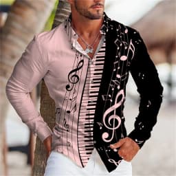 2025 Summer Men's Long Sleeves Shirt with Musical Instrument Symbol Pattern Printed Collar, Cardigan, Street Casual Shirt