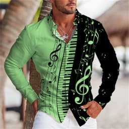 2025 Summer Men's Long Sleeves Shirt with Musical Instrument Symbol Pattern Printed Collar, Cardigan, Street Casual Shirt