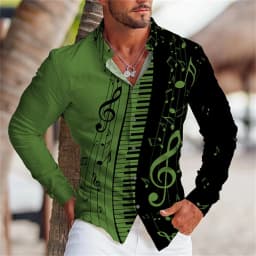 2025 Summer Men's Long Sleeves Shirt with Musical Instrument Symbol Pattern Printed Collar, Cardigan, Street Casual Shirt