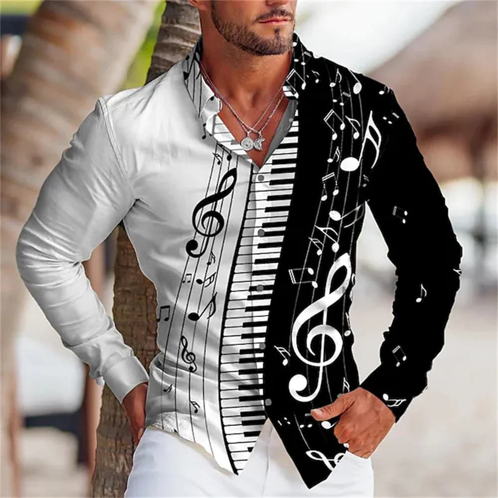 2025 Summer Men's Long Sleeves Shirt with Musical Instrument Symbol Pattern Printed Collar, Cardigan, Street Casual Shirt