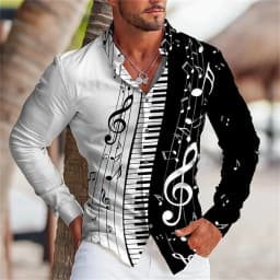 2025 Summer Men's Long Sleeves Shirt with Musical Instrument Symbol Pattern Printed Collar, Cardigan, Street Casual Shirt