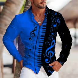 2025 Summer Men's Long Sleeves Shirt with Musical Instrument Symbol Pattern Printed Collar, Cardigan, Street Casual Shirt