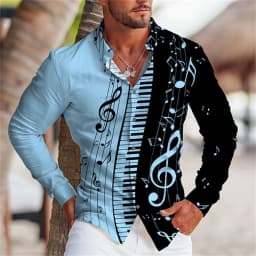 2025 Summer Men's Long Sleeves Shirt with Musical Instrument Symbol Pattern Printed Collar, Cardigan, Street Casual Shirt