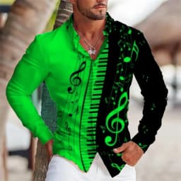 2025 Summer Men's Long Sleeves Shirt with Musical Instrument Symbol Pattern Printed Collar, Cardigan, Street Casual Shirt