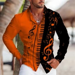2025 Summer Men's Long Sleeves Shirt with Musical Instrument Symbol Pattern Printed Collar, Cardigan, Street Casual Shirt