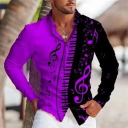 2025 Summer Men's Long Sleeves Shirt with Musical Instrument Symbol Pattern Printed Collar, Cardigan, Street Casual Shirt