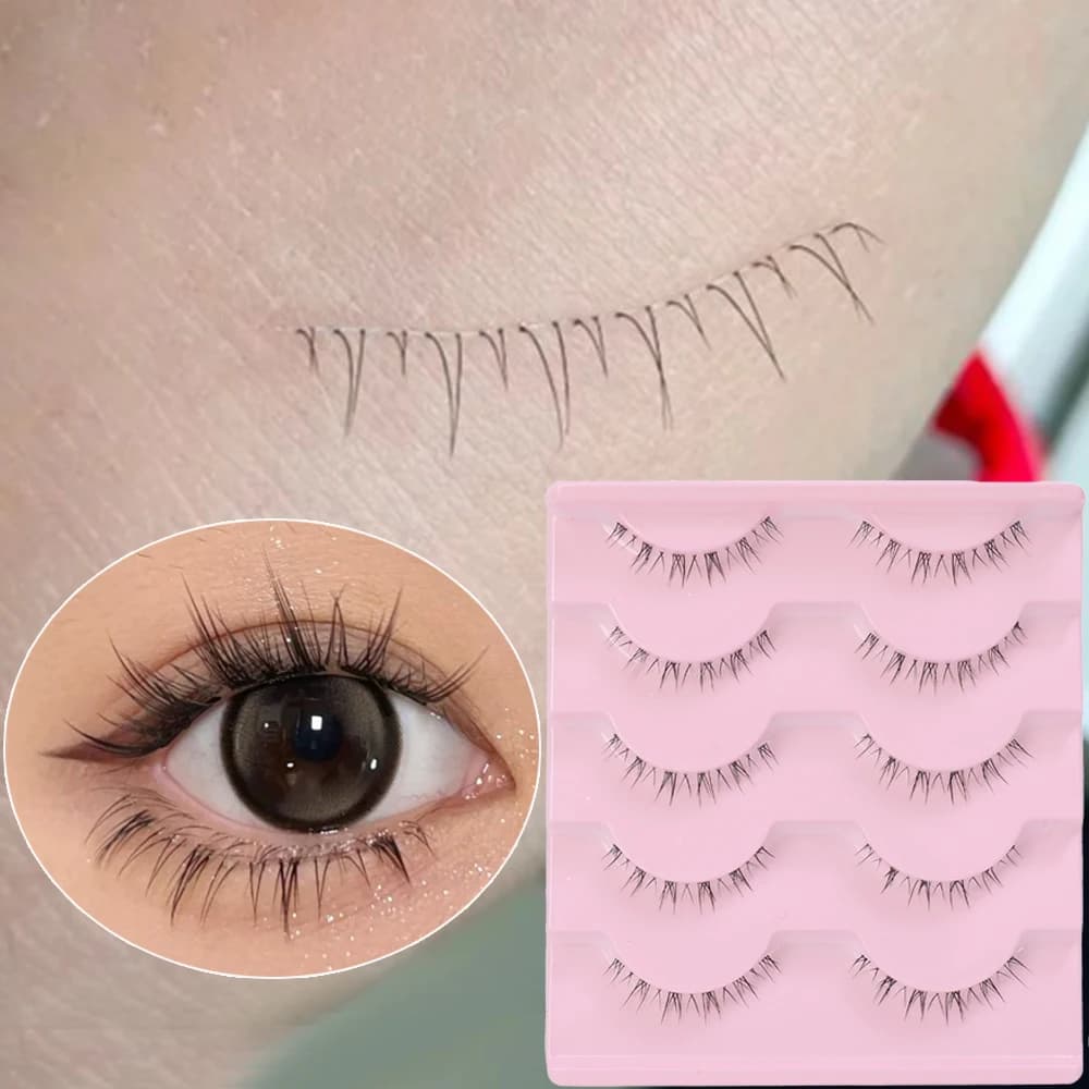 Lower Eyelashes Pack 5 Pairs Natural Manga Under Eye Lashes Soft Lower Eyelashes Handmade Clear Band Bottom Lashes Makeup Tools