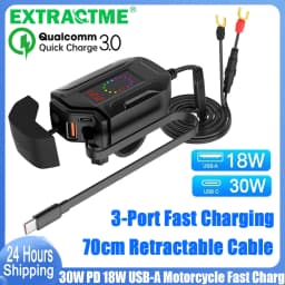 Extractme Motorcycle USB Fast Charger Waterproof Socket With Type C QC3.0 Power Outlet Moto Phone Charger with Voltmeter &Switch