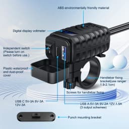 Extractme Motorcycle USB Fast Charger Waterproof Socket With Type C QC3.0 Power Outlet Moto Phone Charger with Voltmeter &Switch