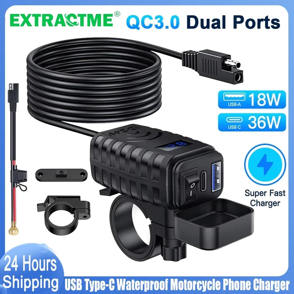 Extractme Motorcycle USB Fast Charger Waterproof Socket With Type C QC3.0 Power Outlet Moto Phone Charger with Voltmeter &Switch