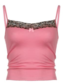 Women's Vintage Leopard Print Crop Top - Sleeveless, Cute Bow Patchwork, Y2K Style, Casual Tees