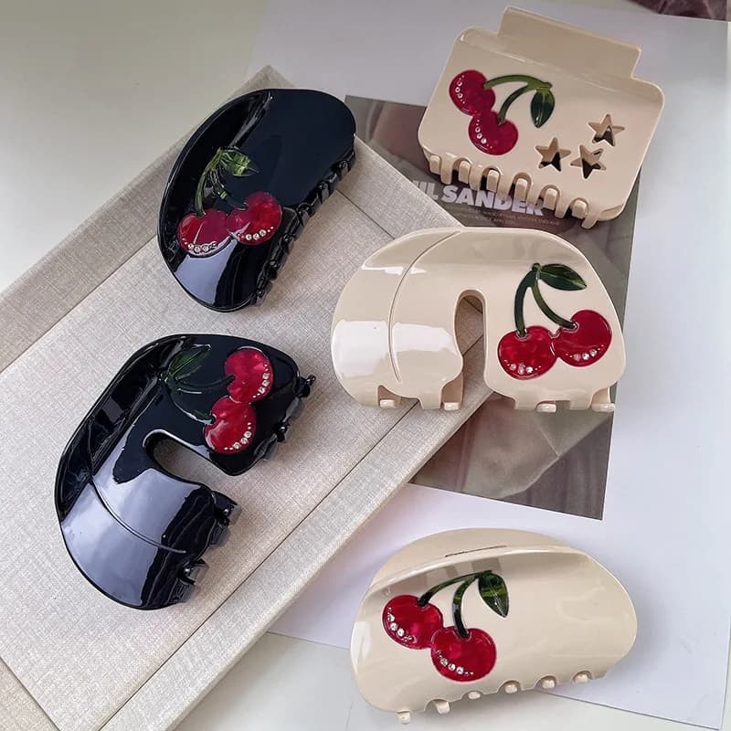 Oversize Rhinestone Cherry Geometric Hair Clip Claw For Women Creative Fruits Star Ponytail Barrettes Thick Hair Accessories