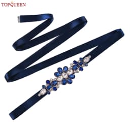 TOPQUEEN Handmade Wedding Belt Navy Blue Stone Floral Design Bridal Ribbon Belt Wedding Accessories Bridesmaid Sash S45-ML