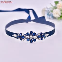 TOPQUEEN Handmade Wedding Belt Navy Blue Stone Floral Design Bridal Ribbon Belt Wedding Accessories Bridesmaid Sash S45-ML
