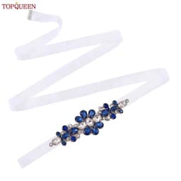 TOPQUEEN Handmade Wedding Belt Navy Blue Stone Floral Design Bridal Ribbon Belt Wedding Accessories Bridesmaid Sash S45-ML